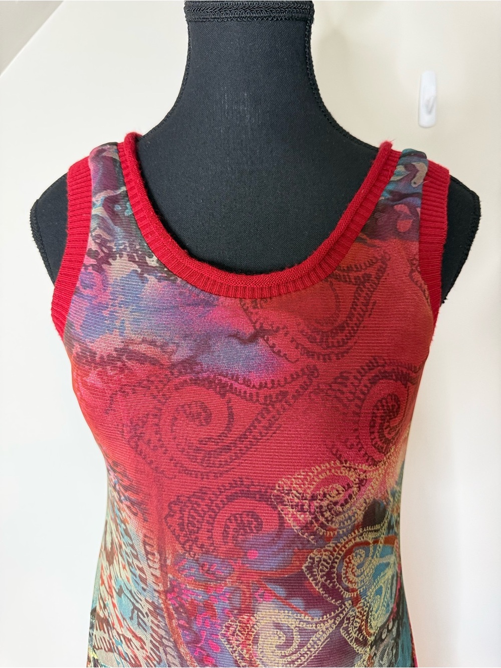 Sleeveless Double Layer Tight Mesh Midi Dress Knit Straps Paisley Flowy Medium - Picture 3 of 10